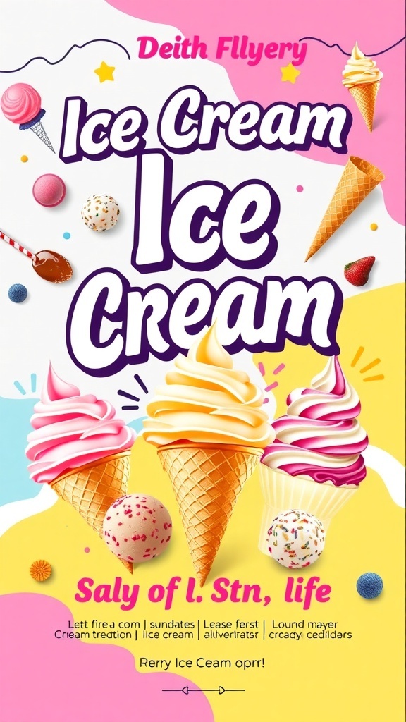 A colorful ice cream flyer displaying various ice cream flavors and cones, designed to attract customers.